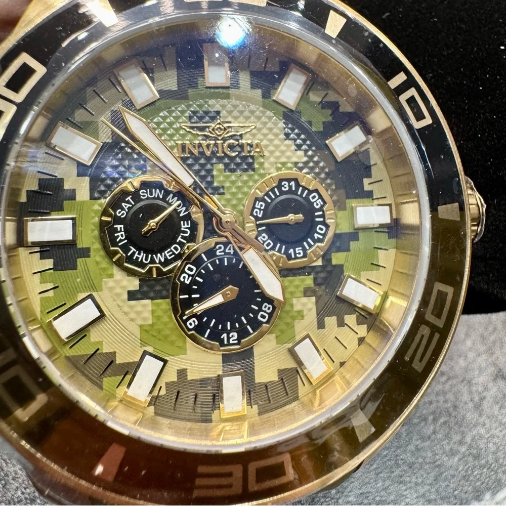 Invicta Pro Diver 46036 50mm Gold Camo Dial Watch Olive Strap BNIB New